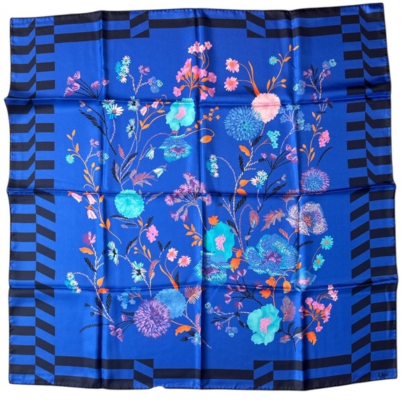 Christian Dior 100% Silk Floral Blue Scarf - Picture 1 of 5